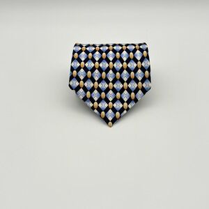Berardi Silk Necktie Blue & White Interlocking Shapes & Golden Almond Ovals